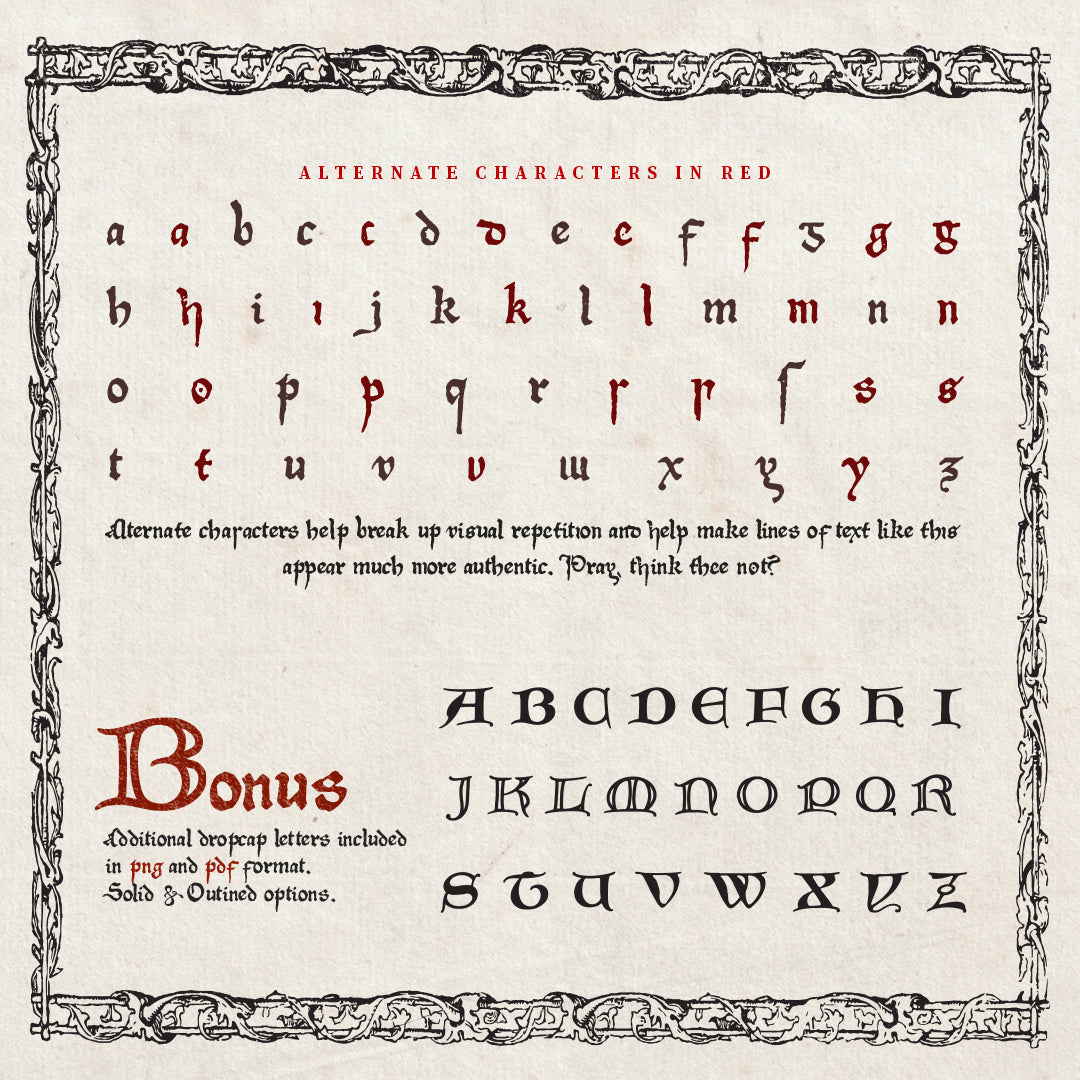 A white page with ornate medieval border showcasing the alternate characters contained in the Medi Aevi font by aesoterik