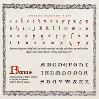 A white page with ornate medieval border showcasing the alternate characters contained in the Medi Aevi font by aesoterik