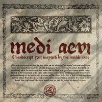 Promotional cover image for Aesoterik's Medi Aevi font, a medieval gothic handwritten font on an old paper background