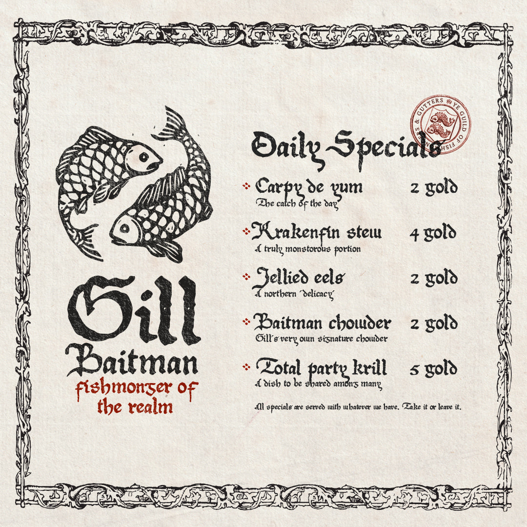 A promotional menu from a fictional ttrpg tavern, used to display and showcase Aesoterik's medi aevi handwritten font