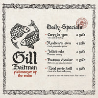 A promotional menu from a fictional ttrpg tavern, used to display and showcase Aesoterik's medi aevi handwritten font