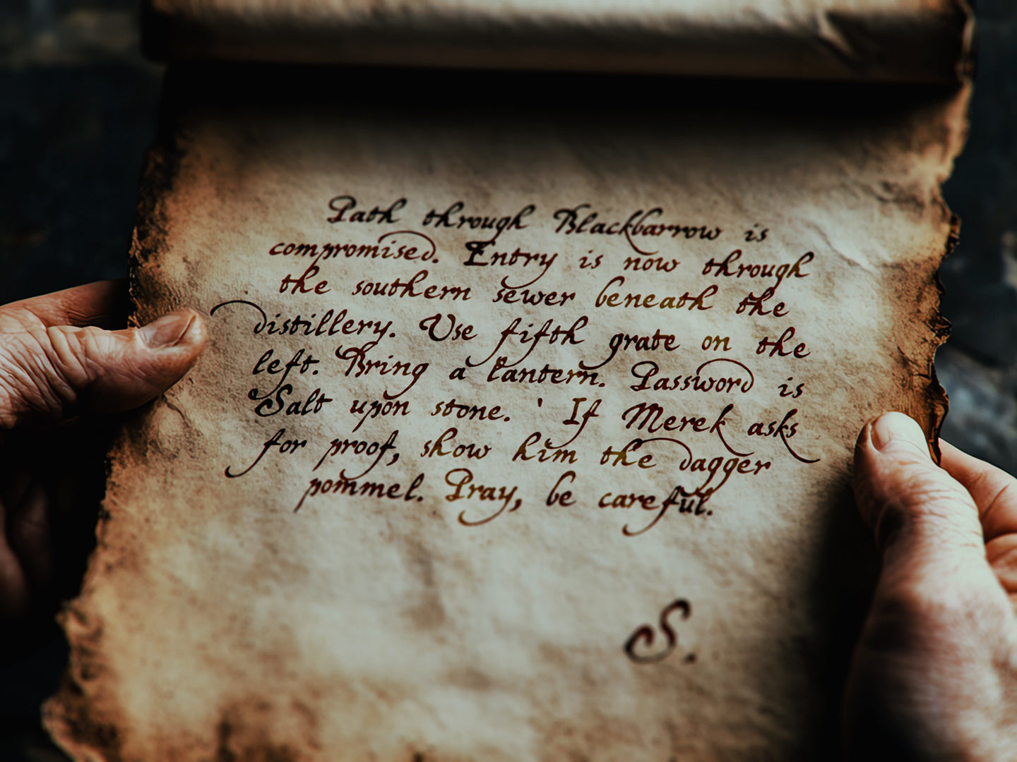Handwritten text on an old scroll held by two hands.