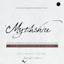 A white paper texture with black text that read Mythshire, used as advertising for the Mythshire hand-written font