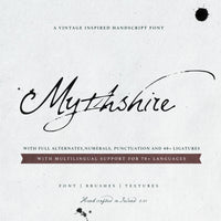 A white paper texture with black text that read Mythshire, used as advertising for the Mythshire hand-written font