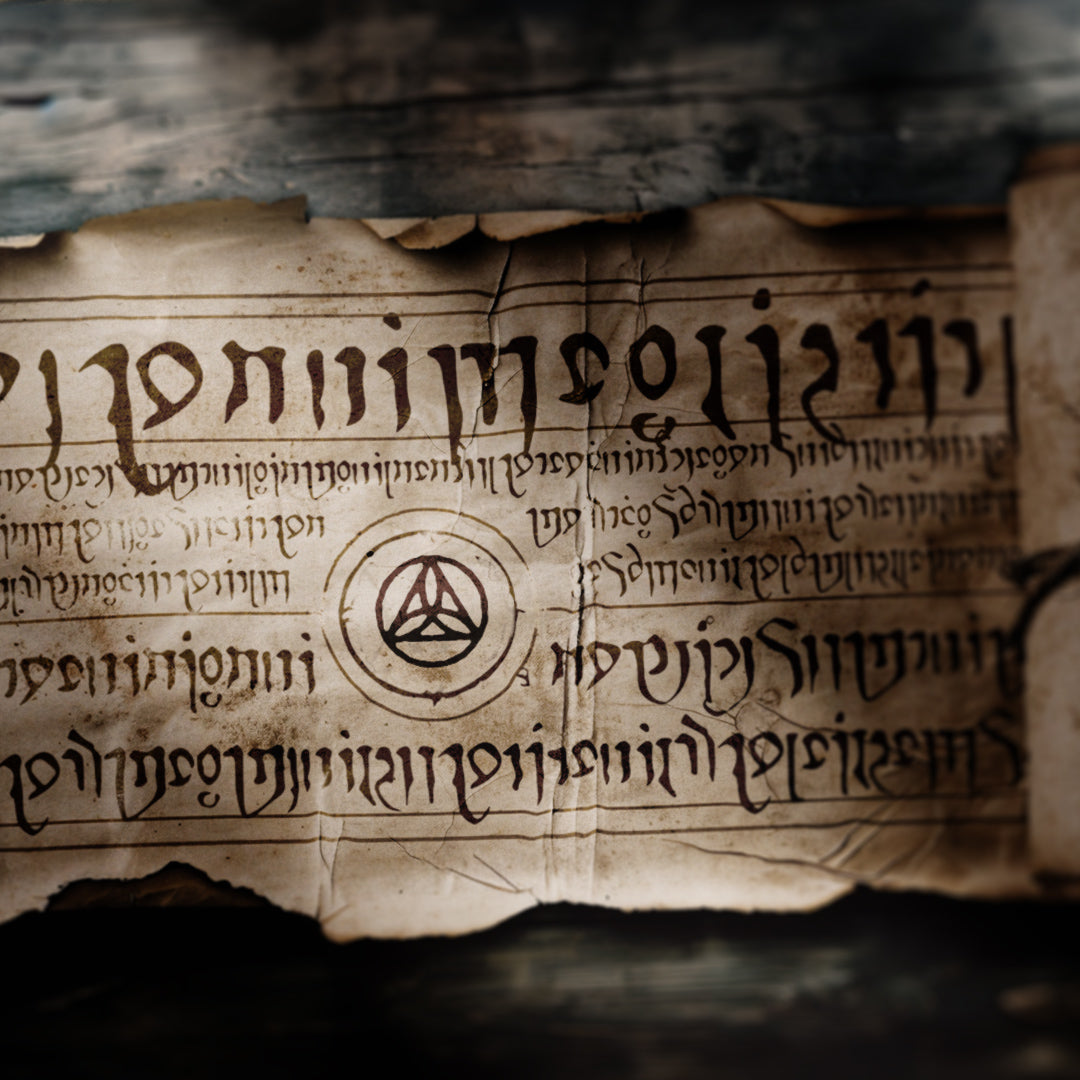 a torn fragment of a scroll sits on a weathered table and is covered in strange marks that look like the writing of a medieval sorcerer from a fantasy world
