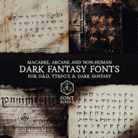 Dark fantasy fonts for D&D and TTRPGs with ancient text and symbols.