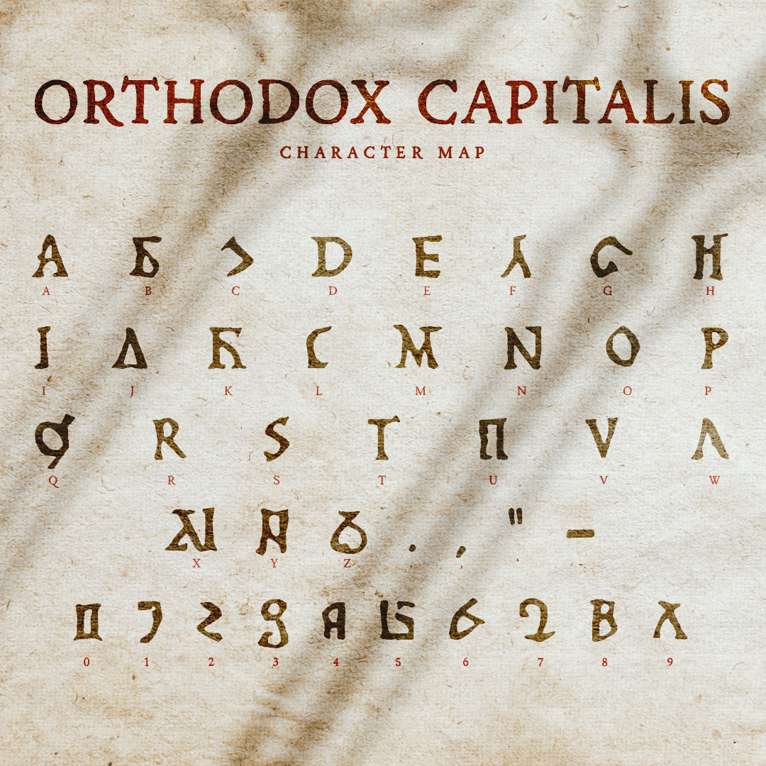 A piece of old ivory parchment filled with glyphs, these are the letterforms contained in the Orthodox Capitalis fantasy font