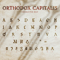 A piece of old ivory parchment filled with glyphs, these are the letterforms contained in the Orthodox Capitalis fantasy font