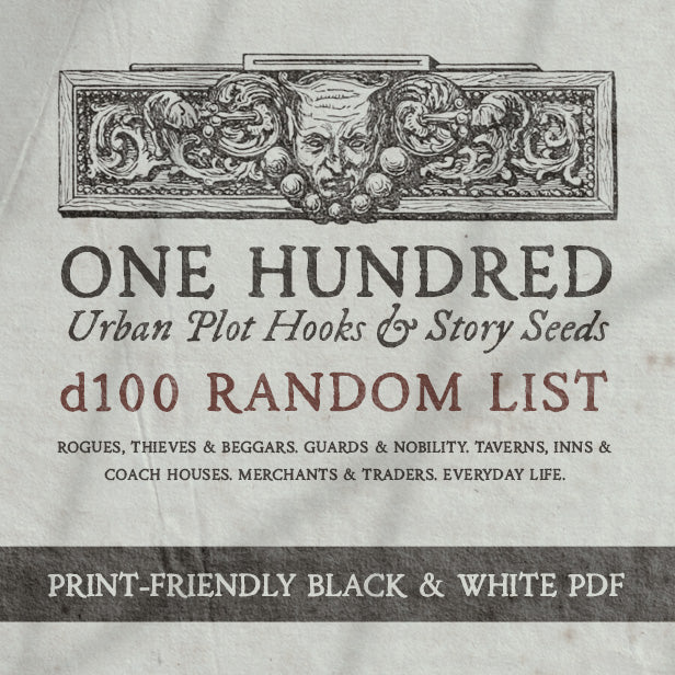 inside cover of an old looking book for dungeon masters, displays a gargoyle header and the text 100 urban plot hooks & story seeds in a d100 random list