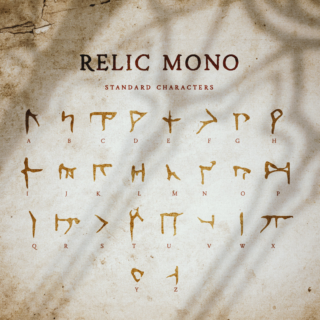 All the characters of the arcane looking Relic mono font are written on an ancient piece of paper