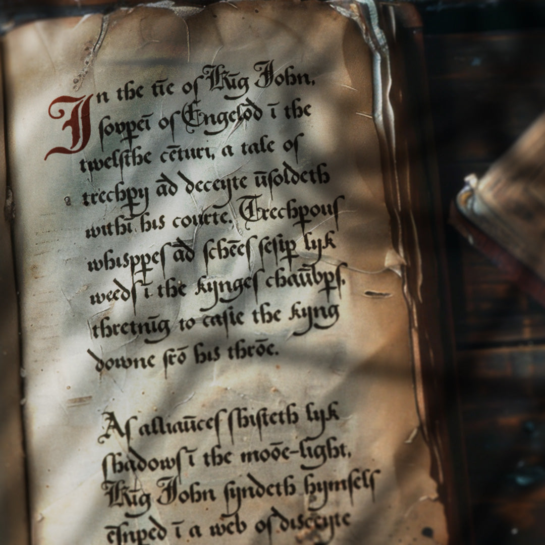 An ancient medieval book sits open showing the Anglo-Saxon inspired Spellbinder font filling its page