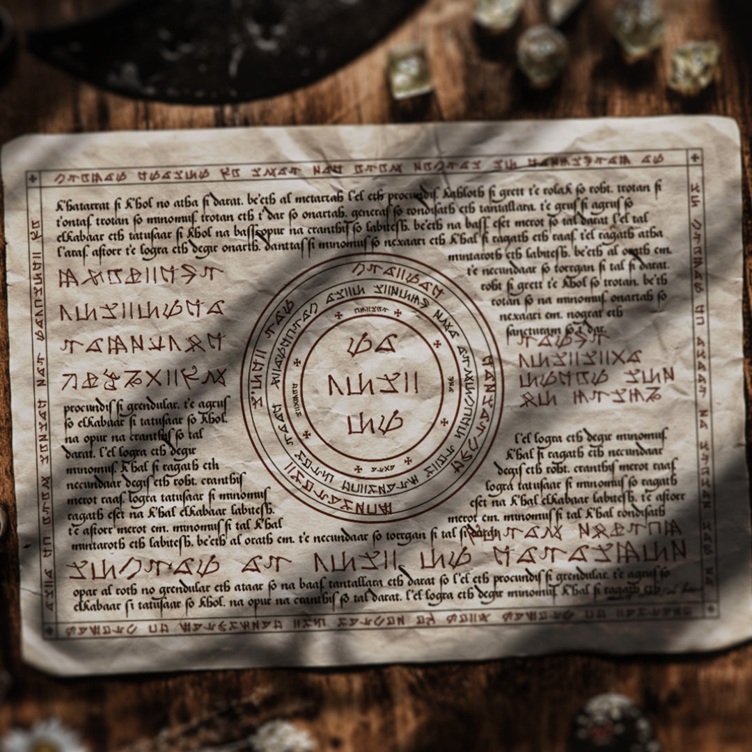 A magical spell RPG prop written using the Spellbinder font and resting on a wooden table