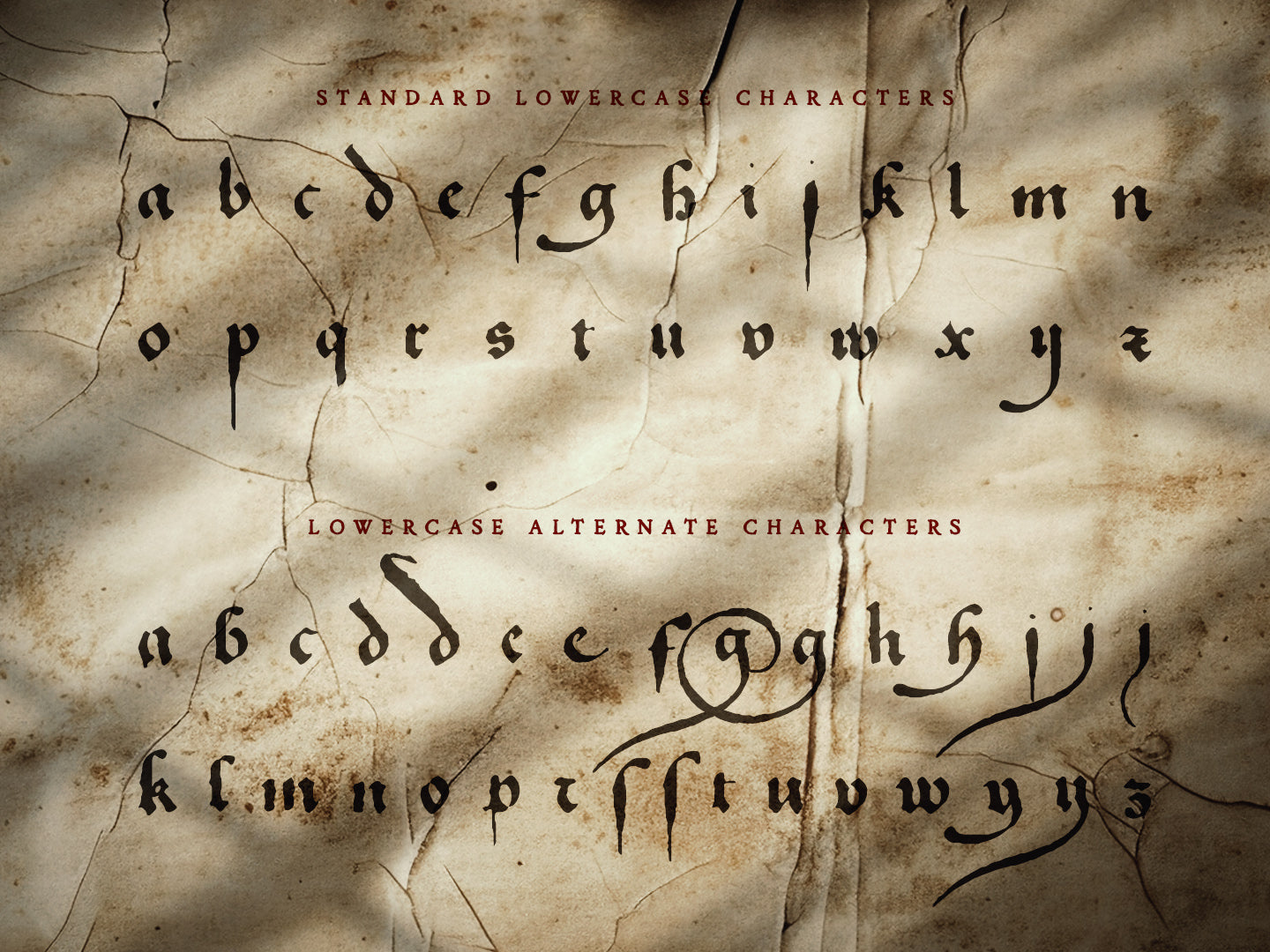an ancient looking piece of paper contains all the lowercase letters of the Spellbinder blackletter gothic font