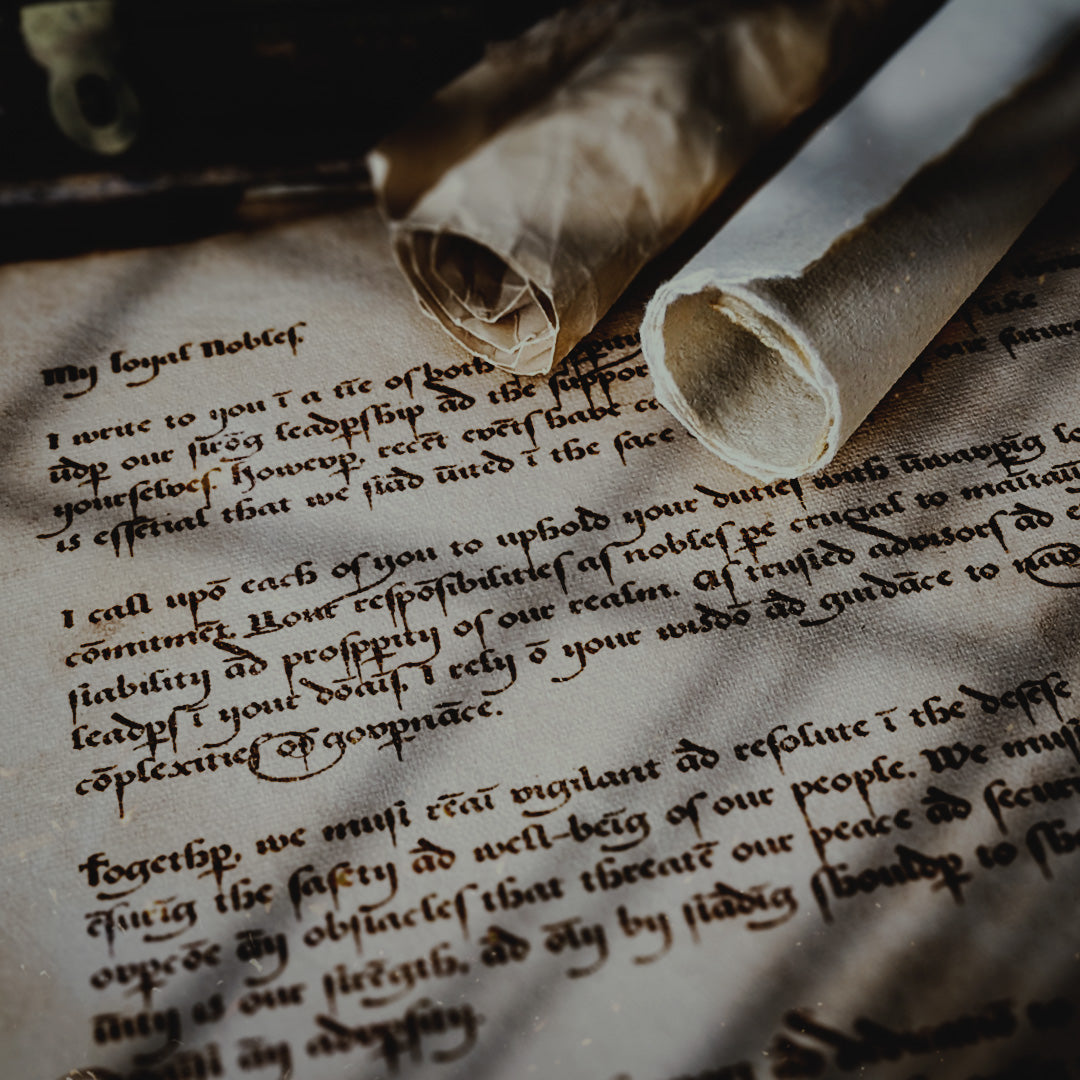 Old letter and scrolls on a wooden background, the writing looks very medieval and gothic