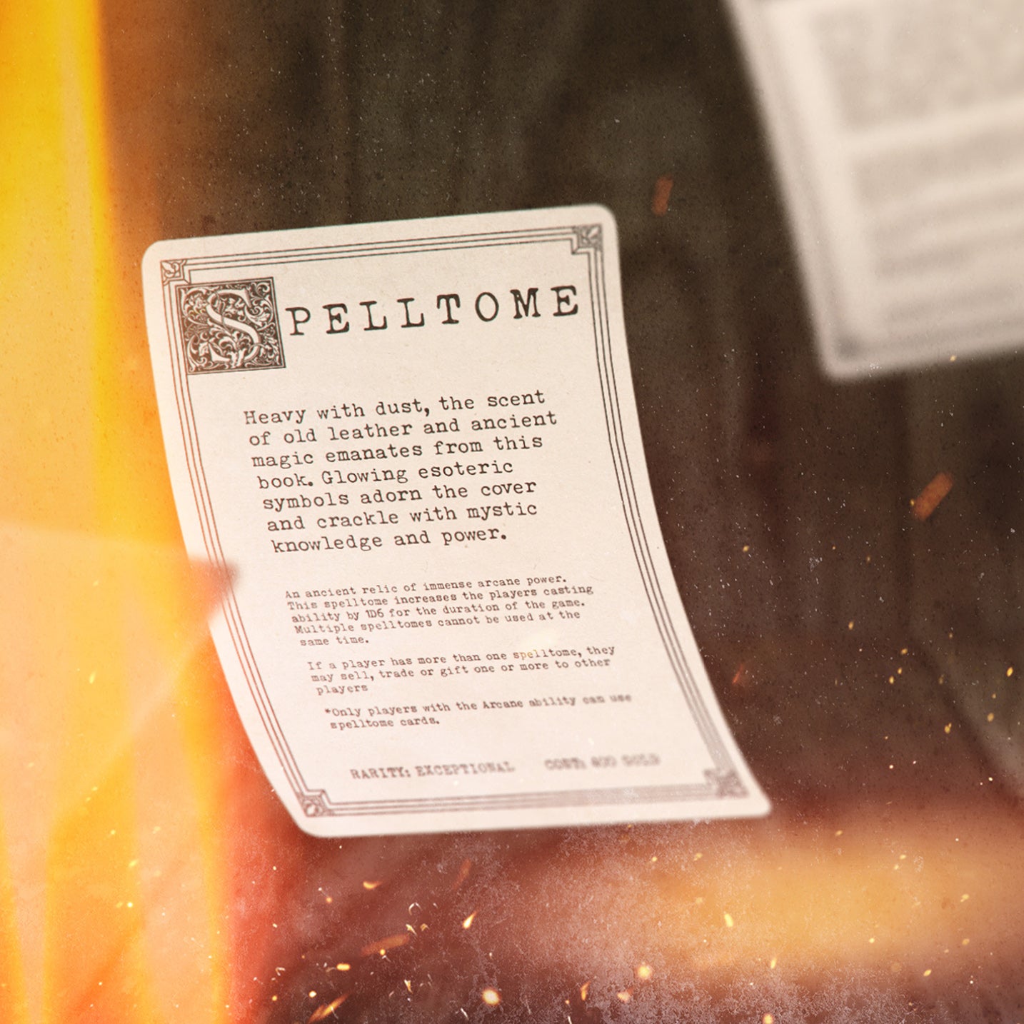 Illustration of a magical table top roleplaying card called Spelltome. Text set using the Merchant Ledger font with sparks and a arcane orange glow
