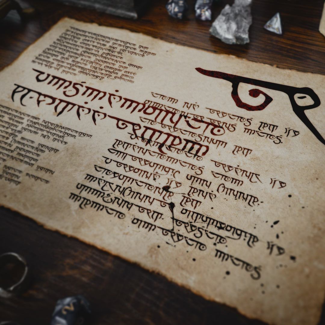 Old parchment prop with dark fantasy elven inspired runes on a wooden table