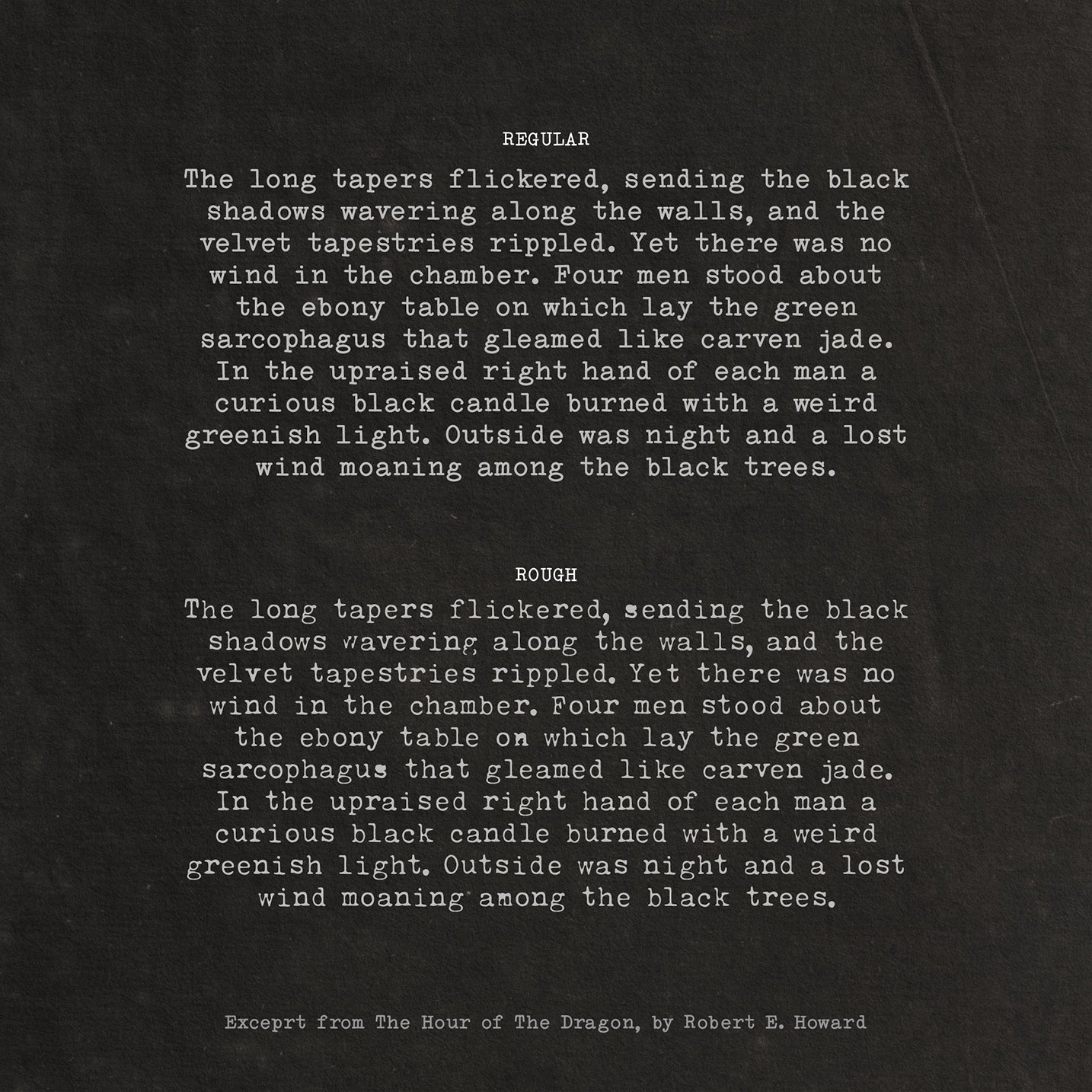 Blocks of light ivory text illustrating the  Regular and Rough weights of the Merchant Ledger font.