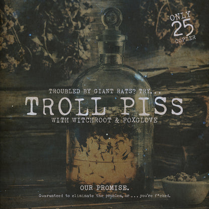 Old bottle on table with merchant ledger text advertising it as troll piss, a satirical advert for a prop idea for table top gaming