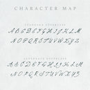The uppercase characters of the Mythshire handwritten font displayed in a charcoal colour on a white paper background