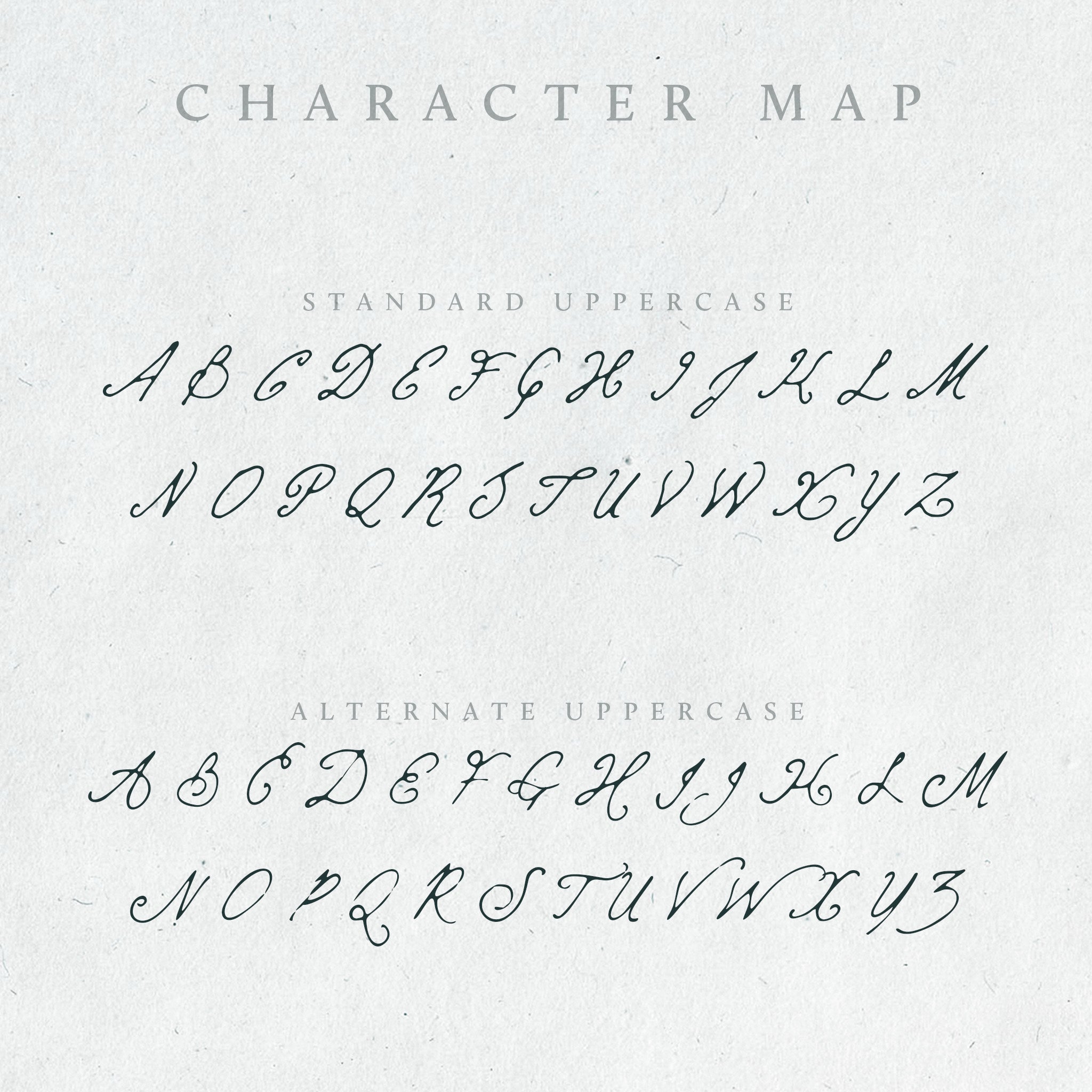 The uppercase characters of the Mythshire handwritten font displayed in a charcoal colour on a white paper background