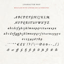 The character map of the Wayfinder font by Aesoterik. All main letters of the alphabet displayed on ivory paper using black ink