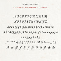 The character map of the Wayfinder font by Aesoterik. All main letters of the alphabet displayed on ivory paper using black ink
