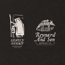 2 medieval wood-cut inspired logos for fictional taverns, one of a hooded hermit and the other showing two foxes