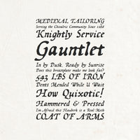 A series of words displaying the medieval-inspired Wayfinder font. Written at various sizes with black ink on ivory paper.