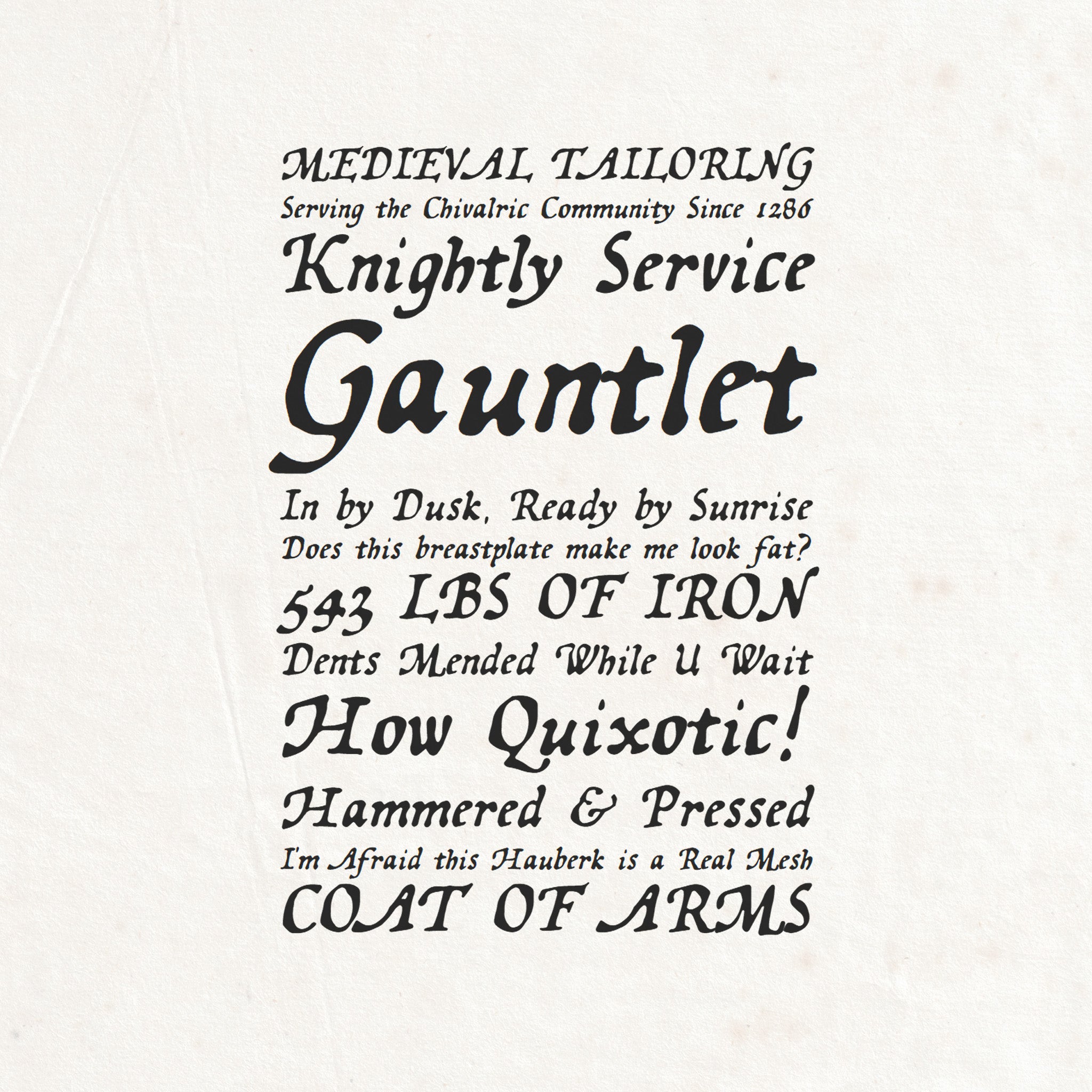 A series of words displaying the medieval-inspired Wayfinder font. Written at various sizes with black ink on ivory paper.