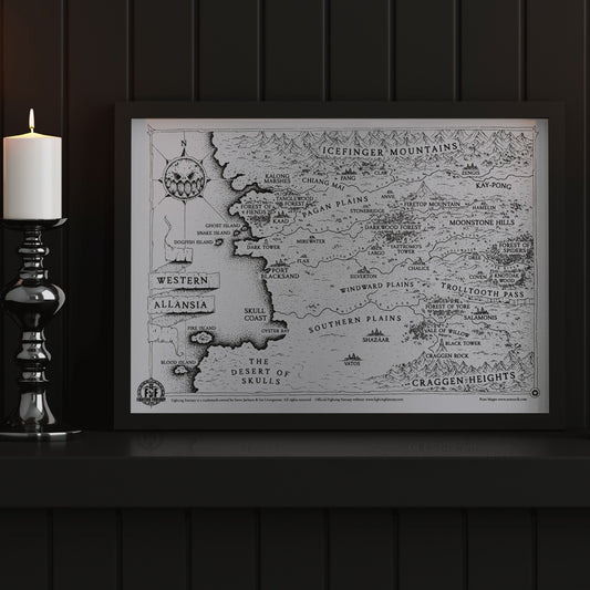Black and white map of allansia sitting on a dark shelf in a black frame