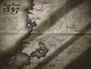 Vintage map with text and place names, resembling an old pirate map.
