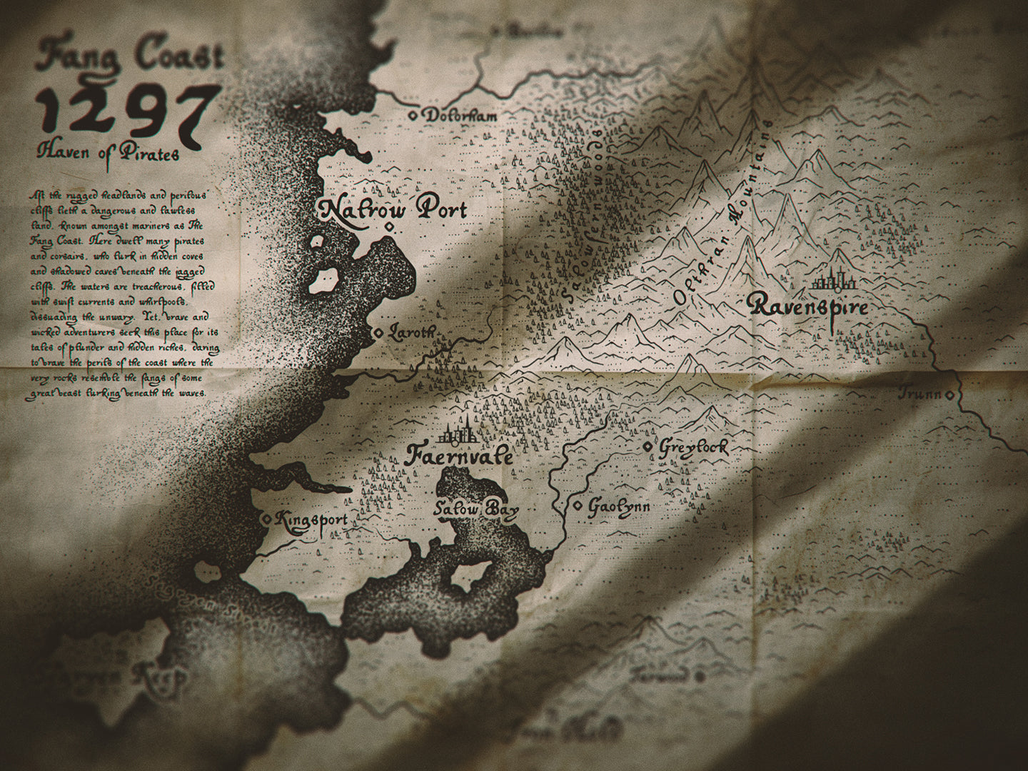 Vintage map with text and place names, resembling an old pirate map.