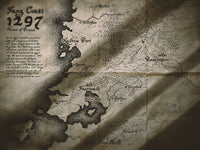 Vintage map with text and place names, resembling an old pirate map.
