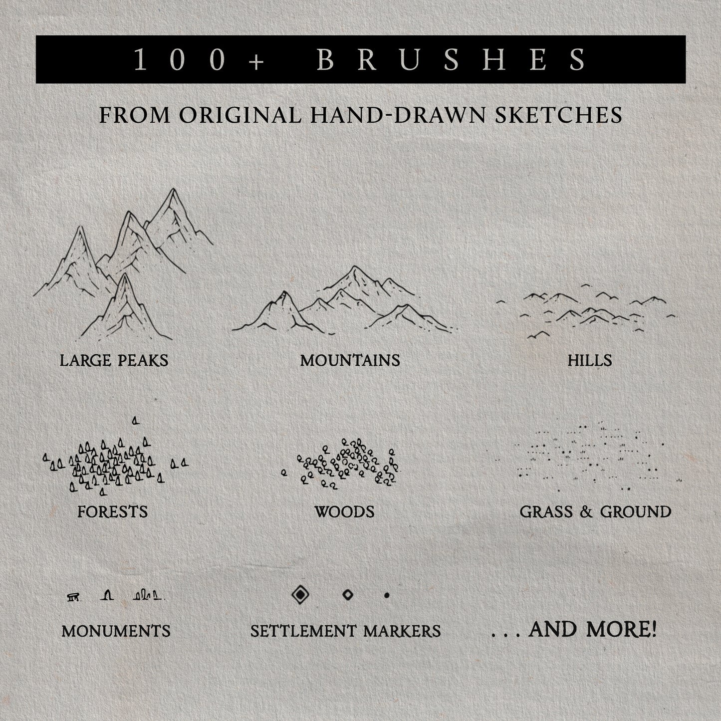 image depicting nine types of brushes included in the worldcrafter map making kit