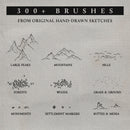 Promotional image showing a small preview of some of the brushes contained in the worldcrafter kit. It depicts mountains, hills, forests and settlement markers for fantasy map making.