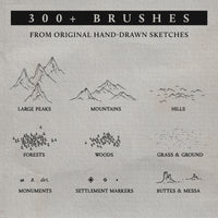 Promotional image showing a small preview of some of the brushes contained in the worldcrafter kit. It depicts mountains, hills, forests and settlement markers for fantasy map making.