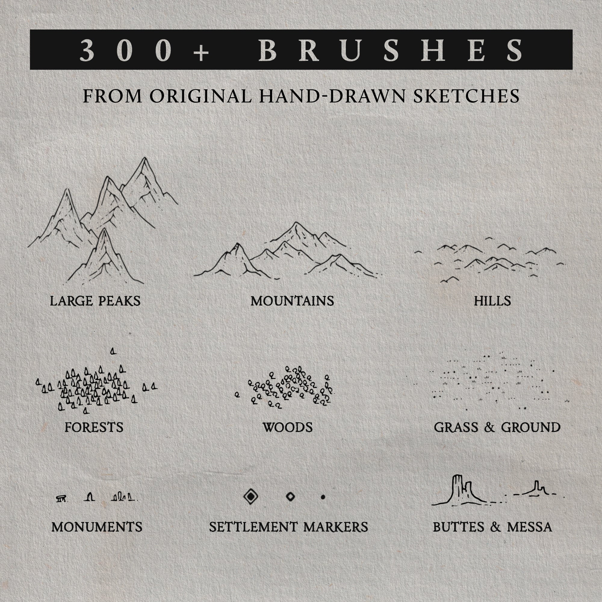 Promotional image showing a small preview of some of the brushes contained in the worldcrafter kit. It depicts mountains, hills, forests and settlement markers for fantasy map making.