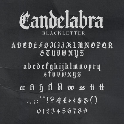 Dark background showing light colour letter samples from the Candelabra font