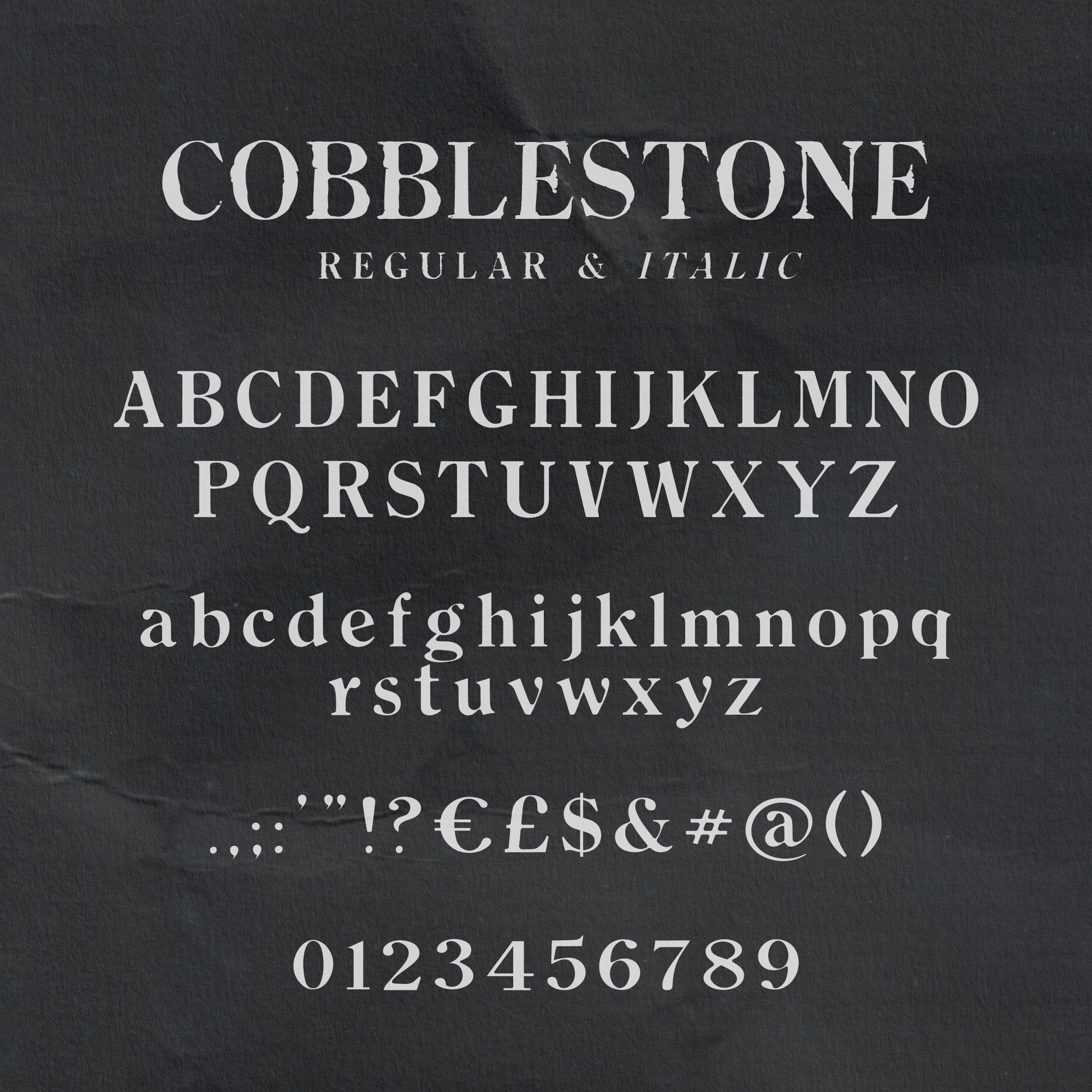 Dark background showing light colour letter samples from the Cobblestone font