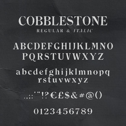 Dark background showing light colour letter samples from the Cobblestone font