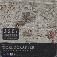 Fantasy map making toolkit with 'Worldcrafter' branding and map design.