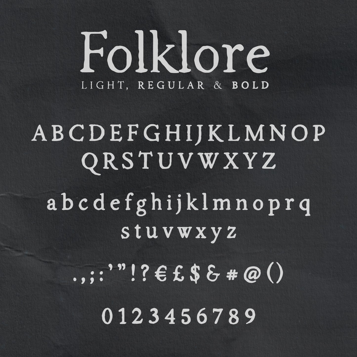 Dark background showing light colour letter samples from the Folklore font