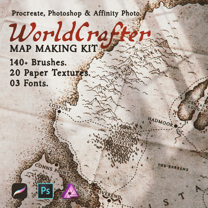 Worldcrafter promotional image shownig map in the background with the product name overlaid