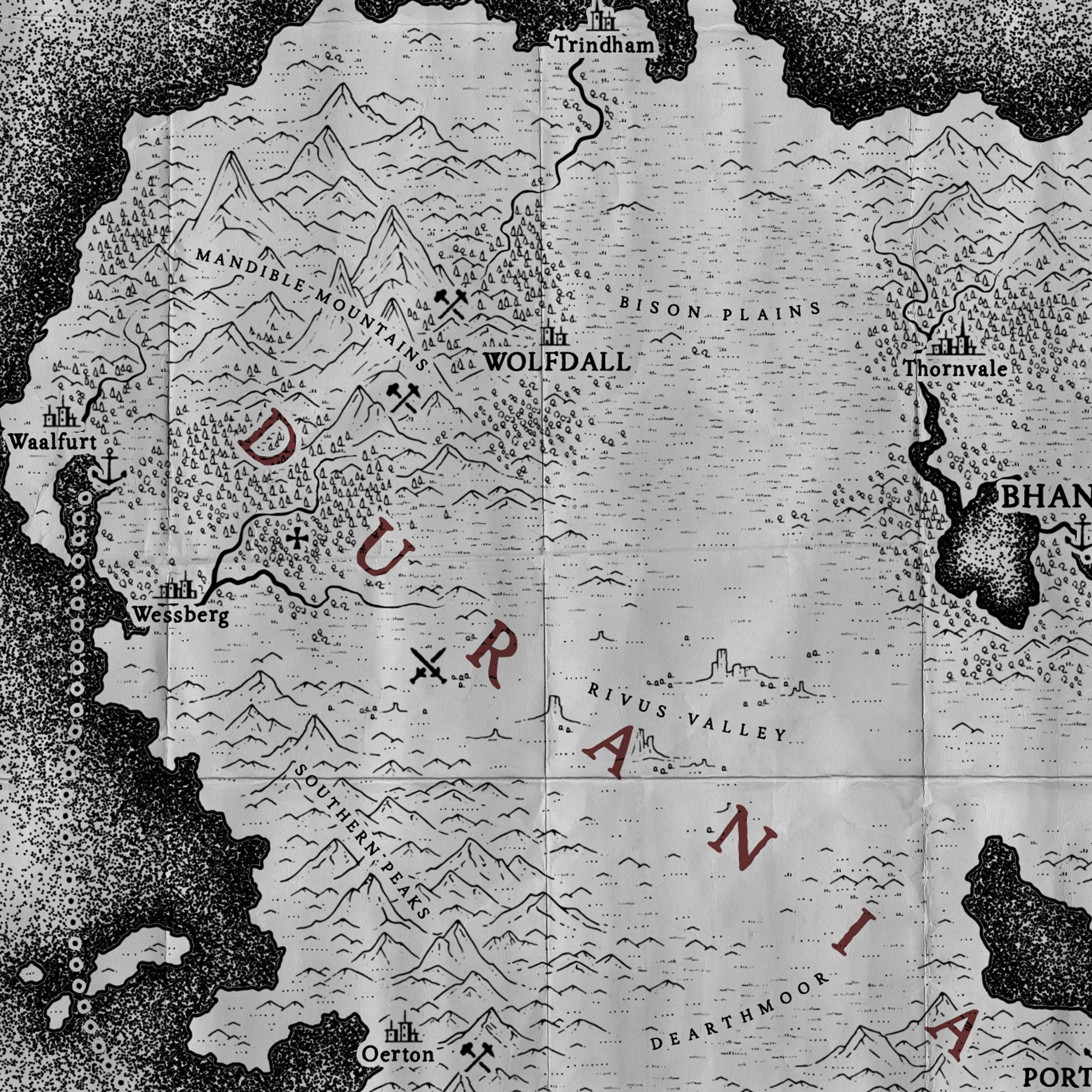 A black and white hand drawn fantasy map is labelled using stylized icon symbols