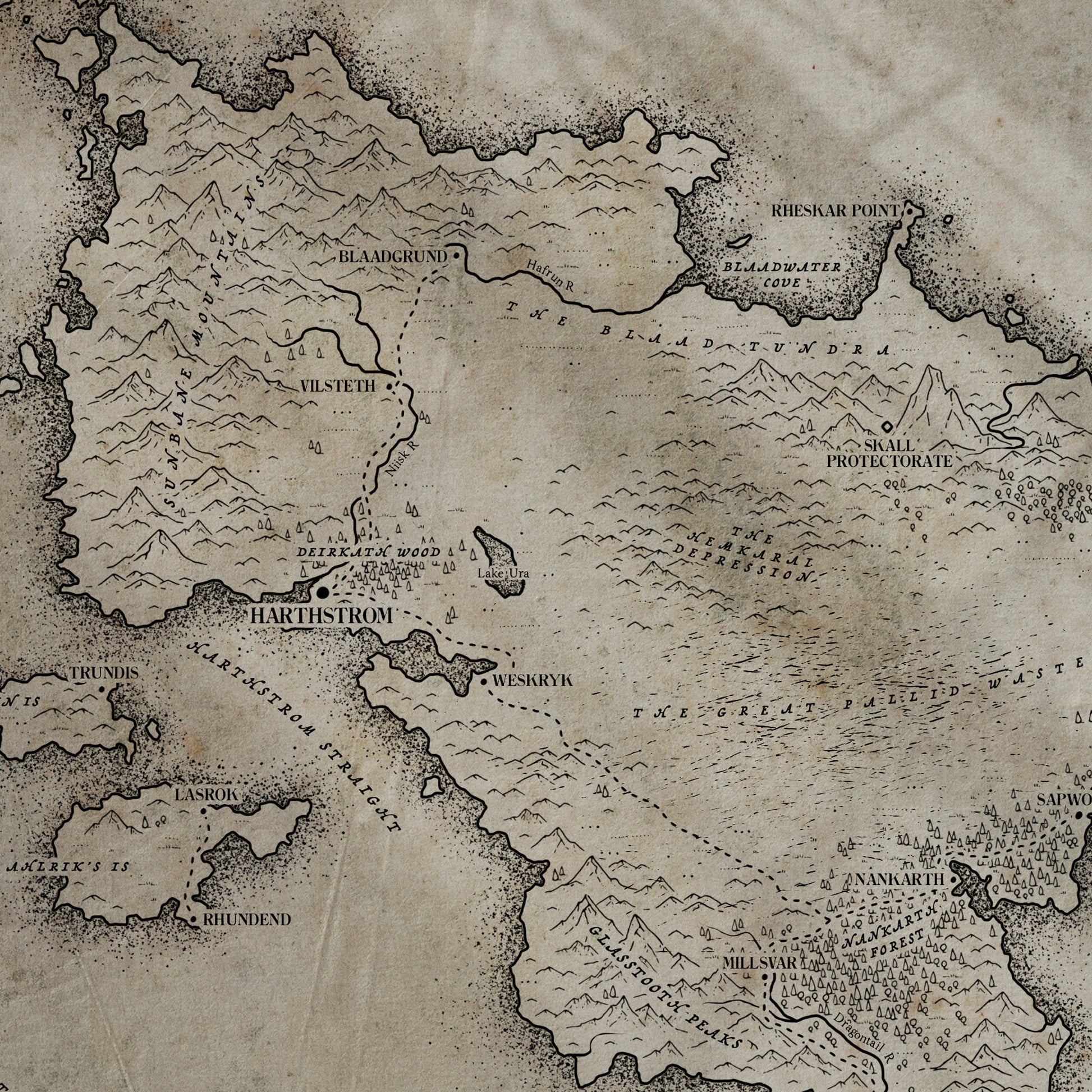 old looking map of an island, sepia coloured with black line work