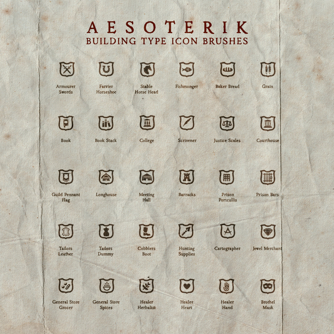 A promotional image showing a grid of icons included in the RPG building and trade icon brush set 