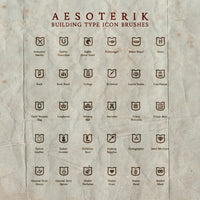 A promotional image showing a grid of icons included in the RPG building and trade icon brush set 