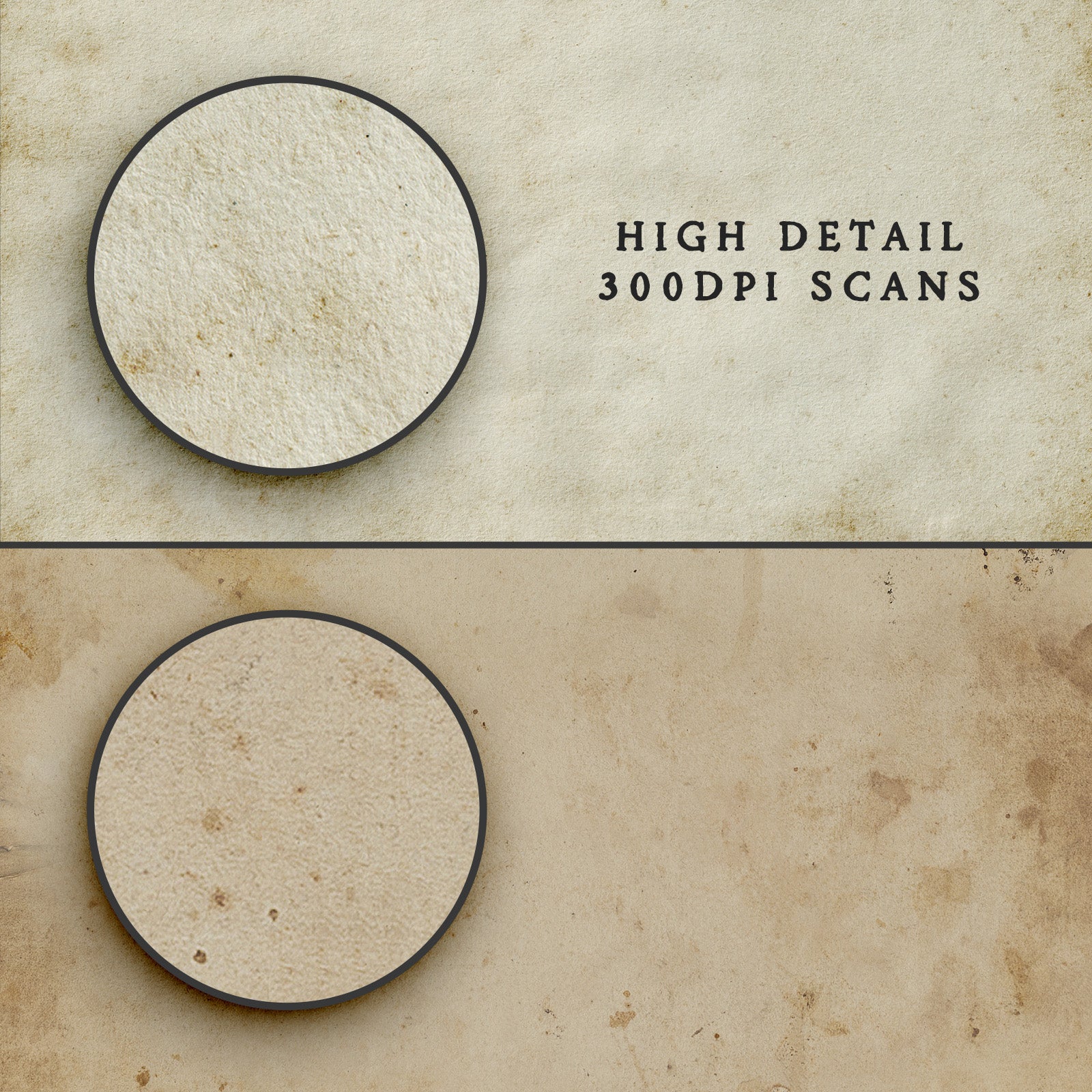 Circles overlayed on two old paper textures to magnify and showcase the high resolution of the textures