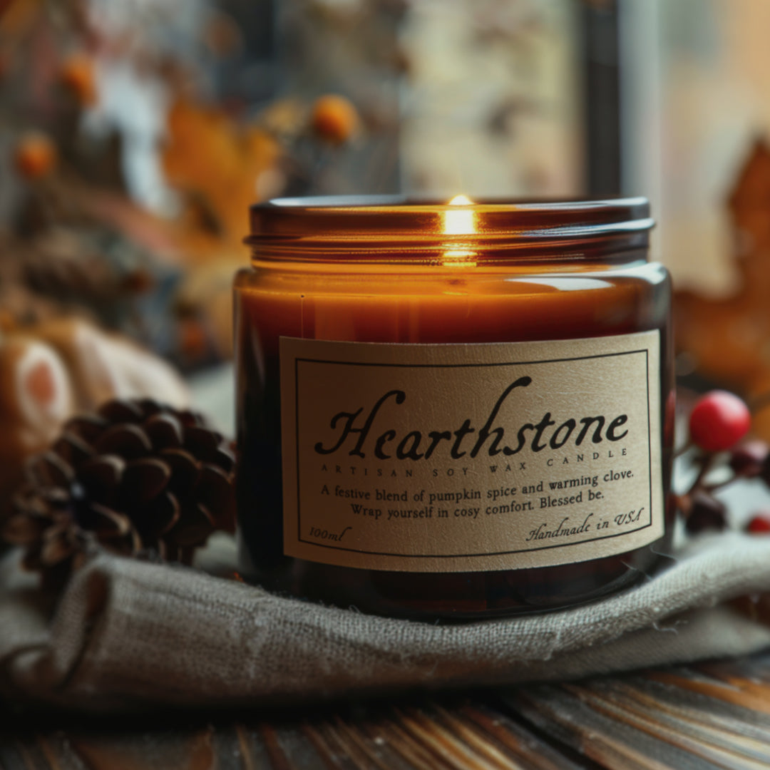 closeup image of a candle in an amber glass jar, the label reads Hearthstone and uses the New Regent Quill font
