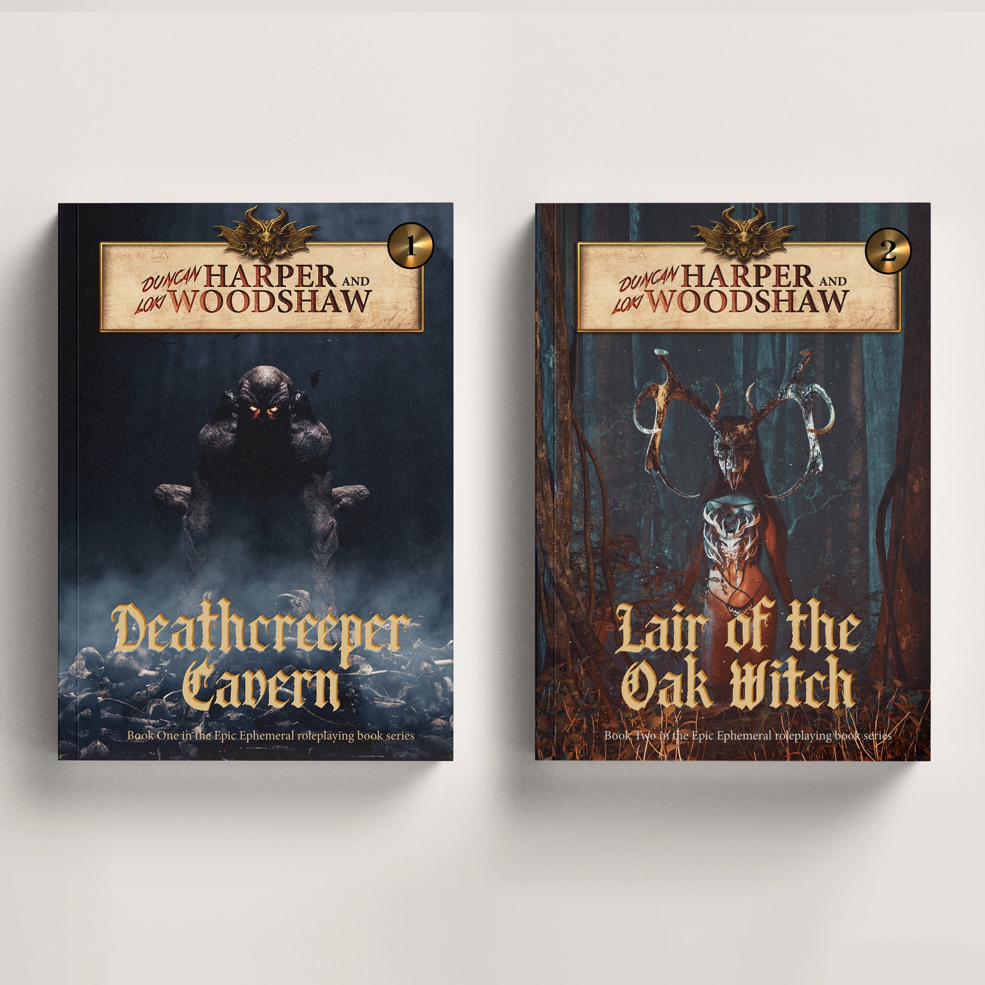 top down view of two fantasy novels with the titles set in the candelabra font